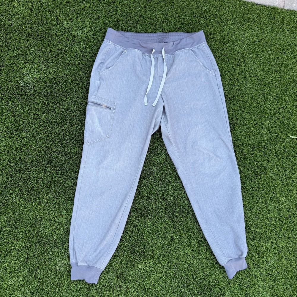 FIGS Technical Collection Women Scrub Pants Grey Cargo Zipper Pockets Drawstring